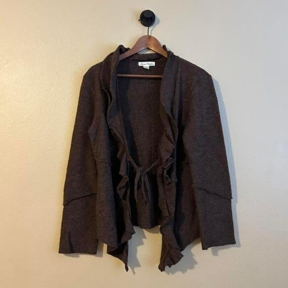Marissa Christina 100% Wool Ruffled Front Toe Cardigan Size M Brown 90s